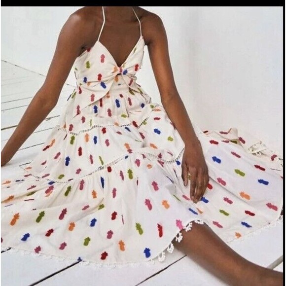 FARM RIO ANTHROPOLOGIE Multicolor Pineapple Cutout Midi Dress Size Large - Picture 2 of 12